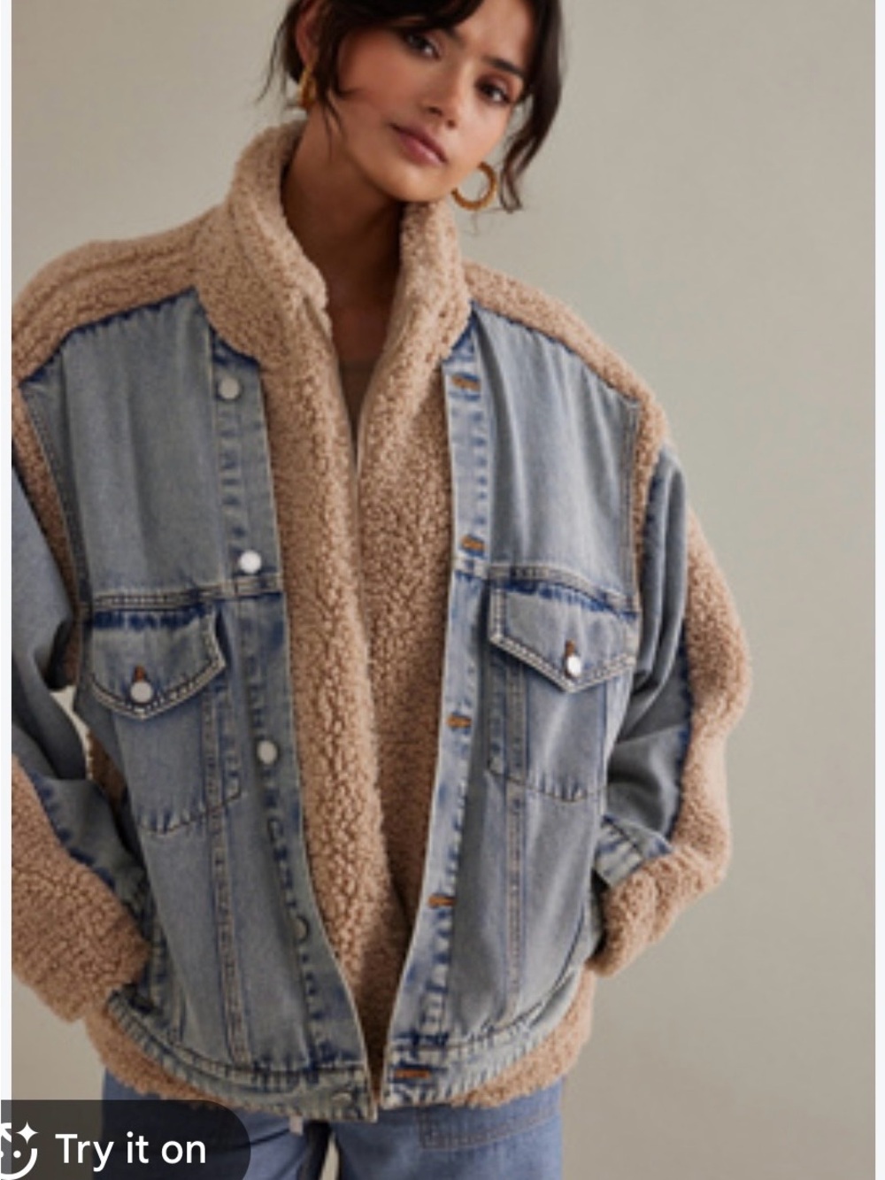 Blank NYC Light Blue Denim & Beige Sherpa Jacket - Women's Oversized Coat